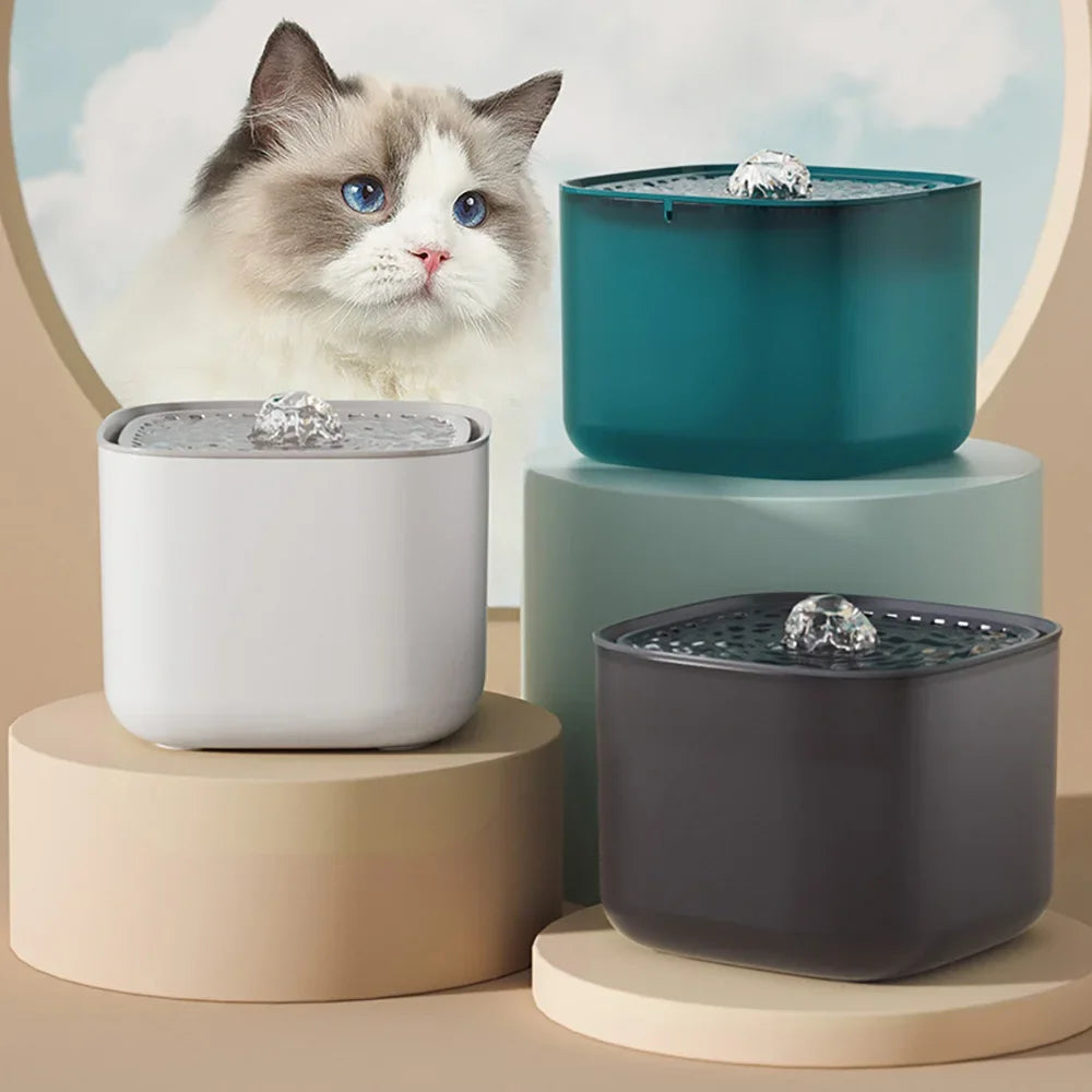 Fontaine à eau pour chats, design moderne, disponible en blanc, noir et bleu, décorative et fonctionnelle.