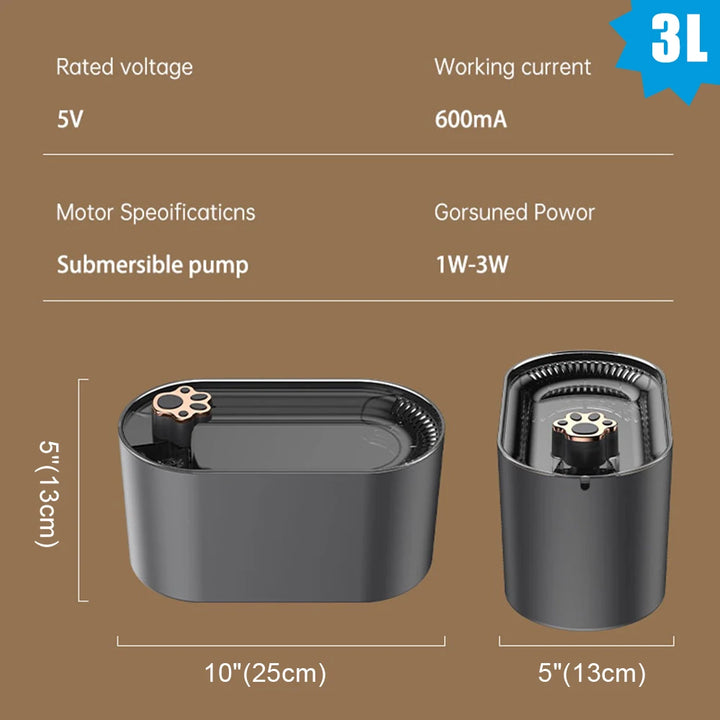 Pompe submersible noire, 5V, 600mA, 3L, dimensions 25x13cm, idéale pour aquariums ou fontaines.