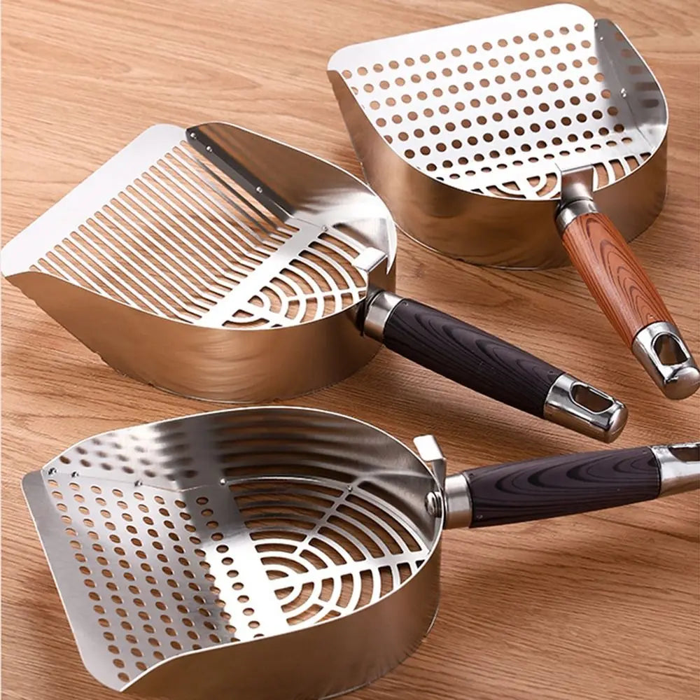 Pelle à litière pour chat en acier inoxydable avec manche bois ergonomique "Main Propre"