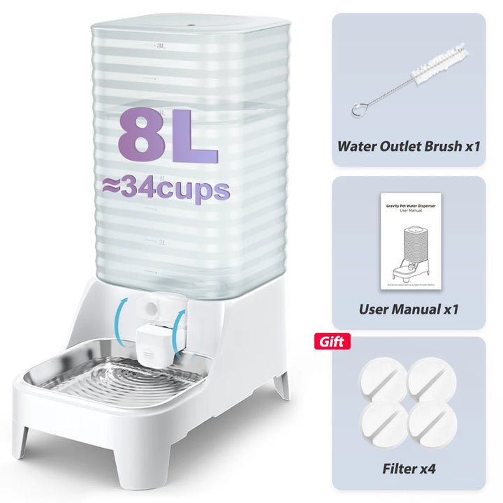 Distributeur d'eau pour animaux, 8L, blanc, avec brosse et filtres, idéal pour hydratation continue.