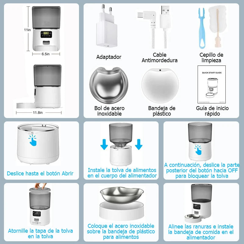 Distributeur automatique de nourriture pour animaux, blanc, avec bol en acier inoxydable et bandeja en plastique.