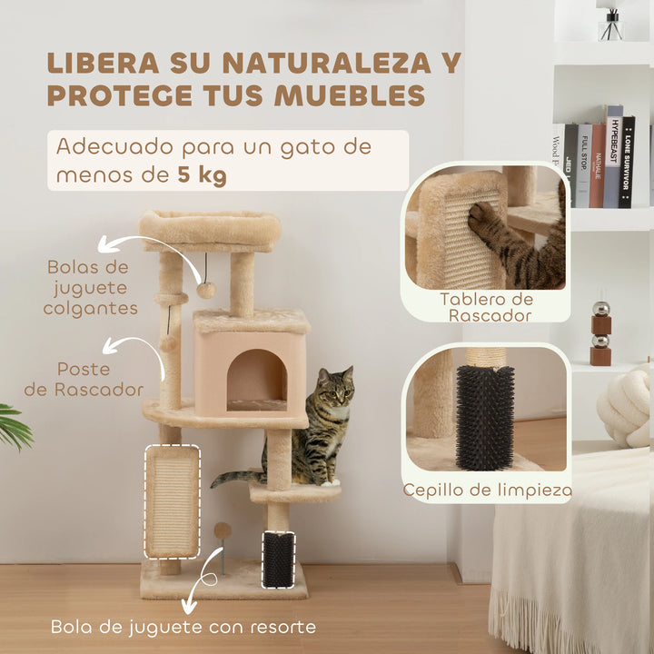 Arbre à chat 132 cm beige avec brosse intégrée et niche