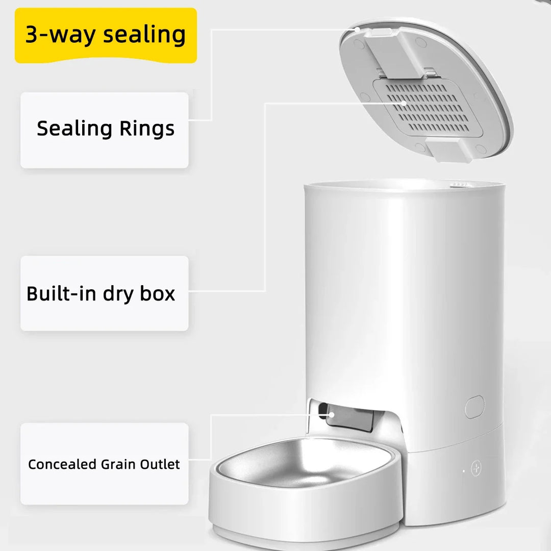 Distributeur de nourriture intelligent blanc avec boîte sèche intégrée et système de fermeture à 3 voies.