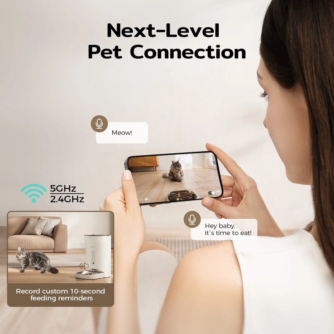 Distributeur automatique pour animaux, connecté en 5GHz/2.4GHz, avec rappels personnalisés et microphone.