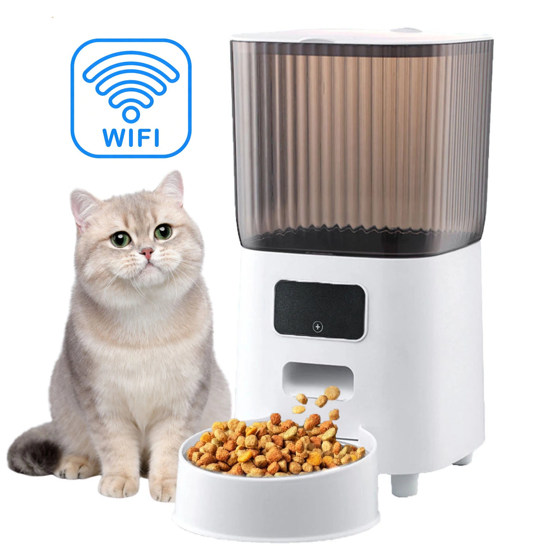Distributeur de croquettes intelligent pour chat avec WiFi, couleur blanche, en plastique, émet des croquettes.