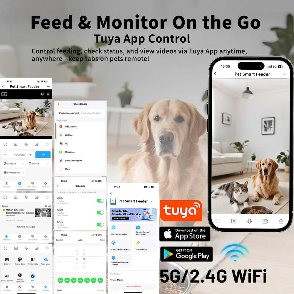 Distributeur automatique intelligent pour animaux, contrôle via app Tuya, support 5G/2.4G, idéal pour chiens et chats.