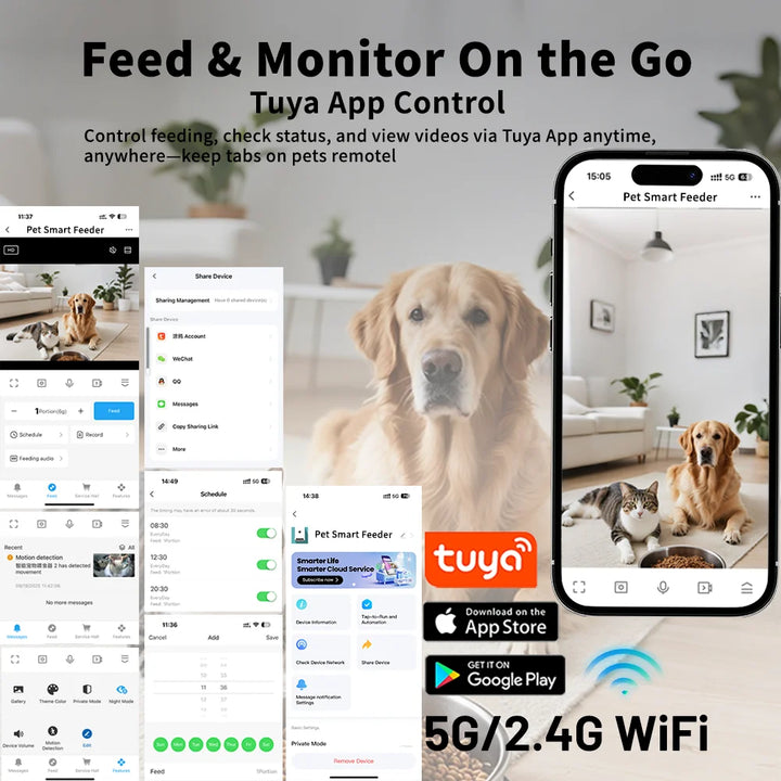 Distributeur automatique intelligent pour animaux, contrôle via app Tuya, support 5G/2.4G, idéal pour chiens et chats.