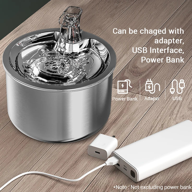 Fontaine à eau en acier inoxydable, rechargeable par USB, adaptable avec power bank.