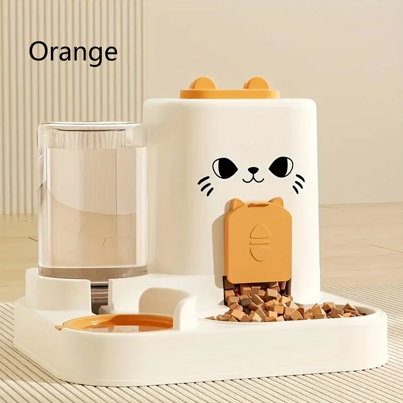 Distributeur automatique de nourriture pour chat, orange, en plastique, avec réservoir d'eau intégré.