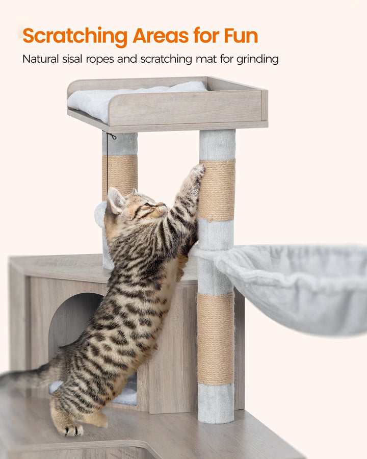Meuble arbre à chat avec cache litière intégré et hamac