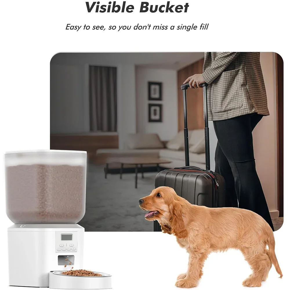 Distributeur automatique de nourriture pour chien, blanc, avec réservoir transparent et bol inclus.
