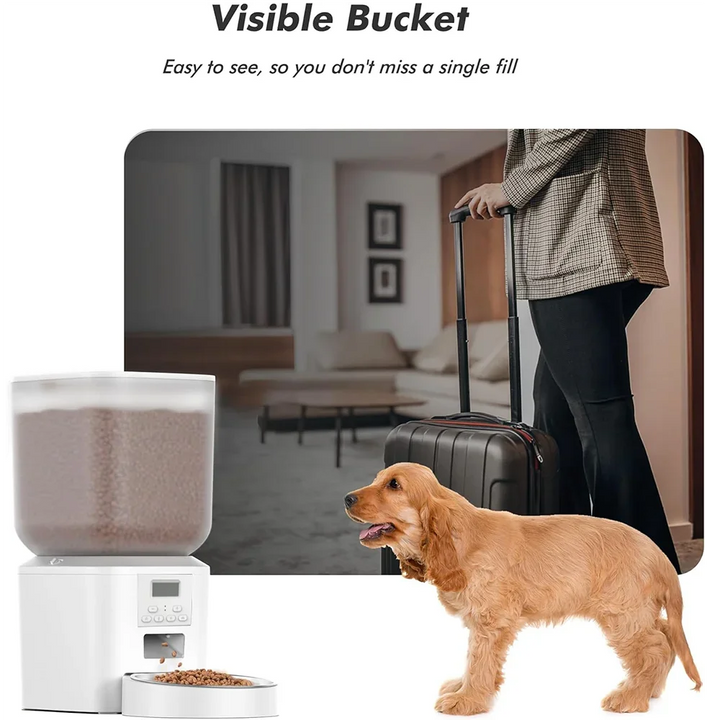 Distributeur automatique de nourriture pour chien, blanc, avec réservoir transparent et bol inclus.