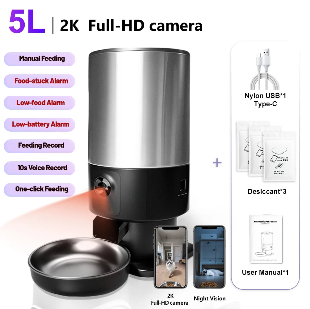 Distributeur automatique pour animaux 5L avec caméra 2K, alarmes et enregistrement vocal, couleur argenté.