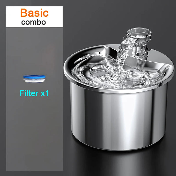 Fontaine à eau en acier inoxydable, avec filtre inclus, élégante et efficace pour animaux de compagnie.