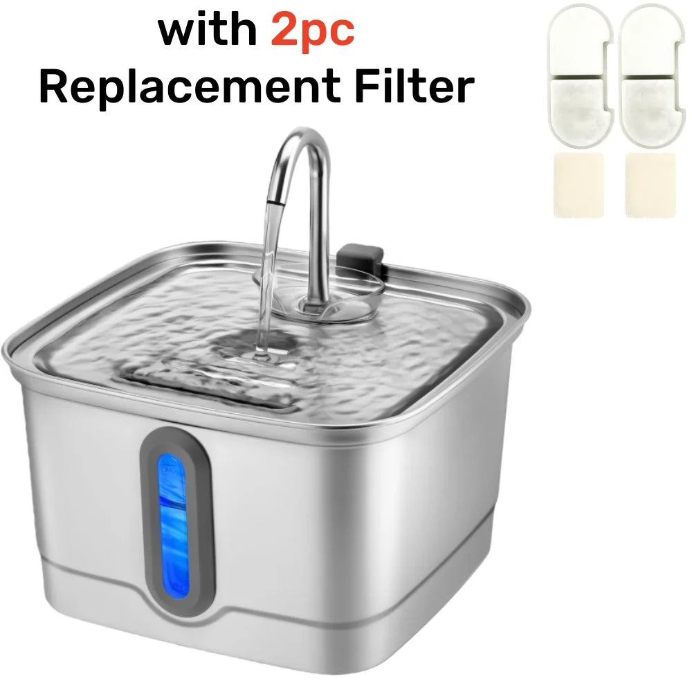 Fontaine à eau en acier inoxydable avec 2 filtres de remplacement inclus, design carré et LED bleu.