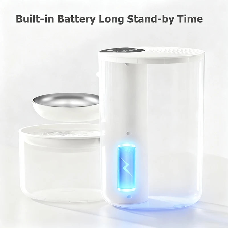 Bactéricide portable blanc avec batterie intégrée et long temps d'autonomie, récipient transparent.