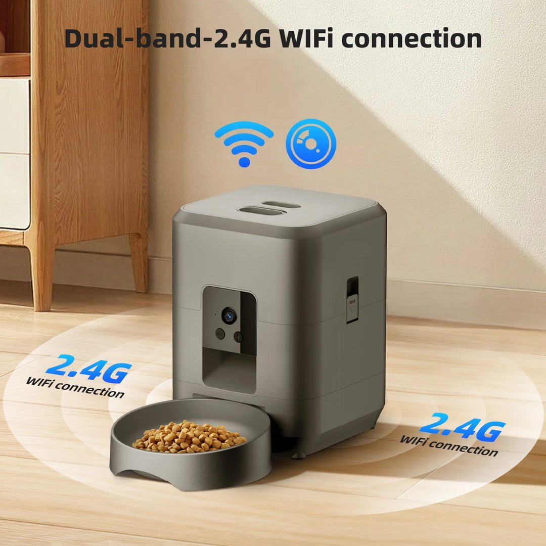 Distributeur automatique d'aliments pour animaux, connecté en WiFi 2.4G, couleur gris, avec bol inclus.