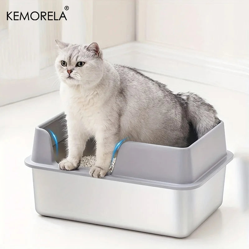 Bac à litière chat en acier inoxydable avec rebords hauts – Modèle "SteelGuard Anti-Projections"