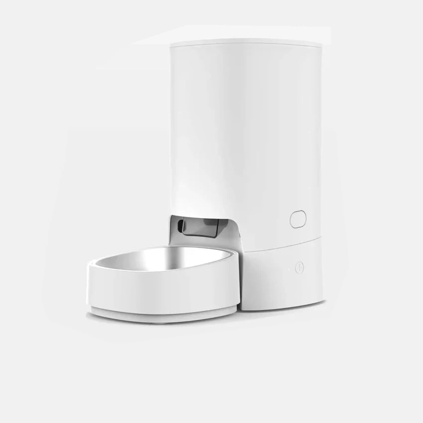 Distributeur automatique de nourriture pour animaux, blanc, en plastique, avec bol en acier inoxydable.