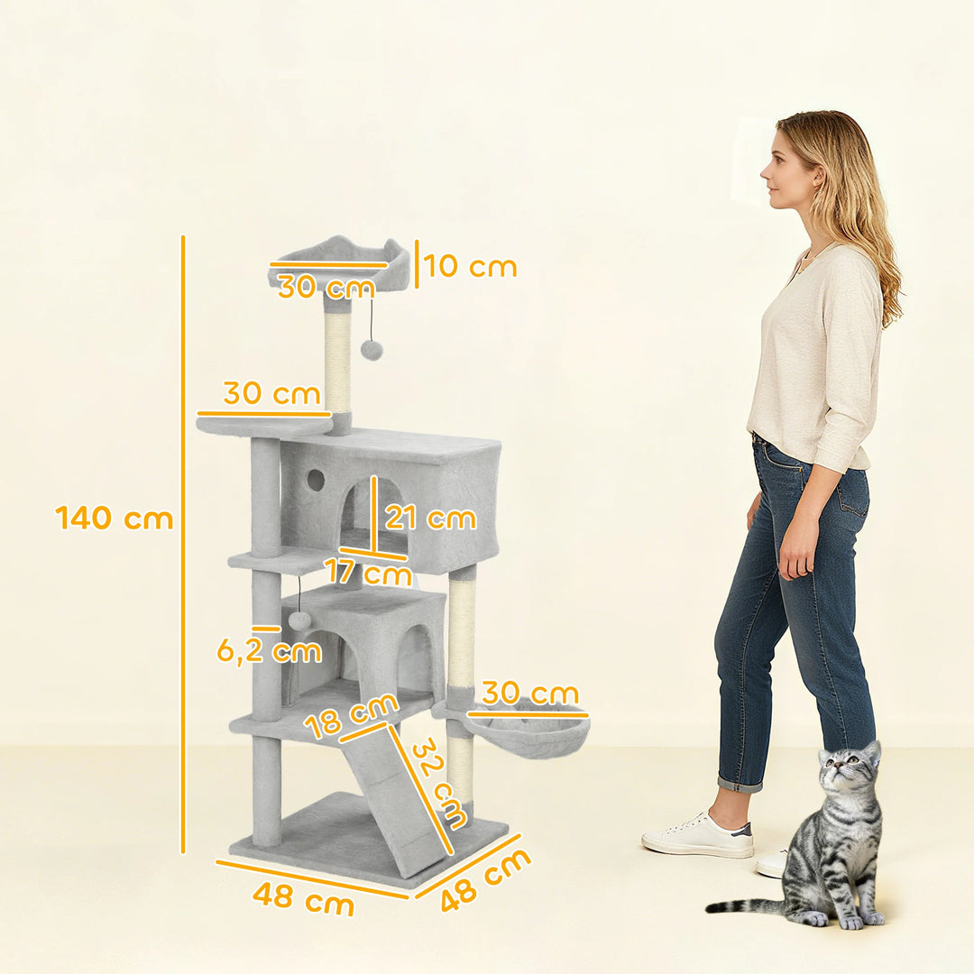 Arbre à chat 140 cm avec niches, hamac et plateforme à oreilles