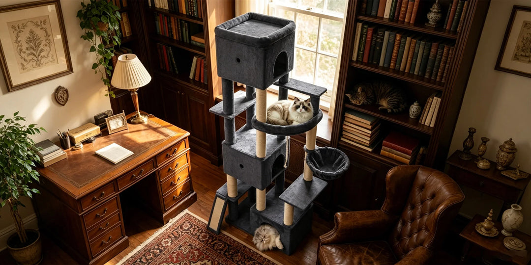Arbre à chat XXL 202 cm gris foncé avec trois niches et hamac