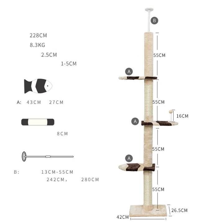 Arbre à chat Maine Coon ajustable du sol au plafond - Modèle : "SkyTower"