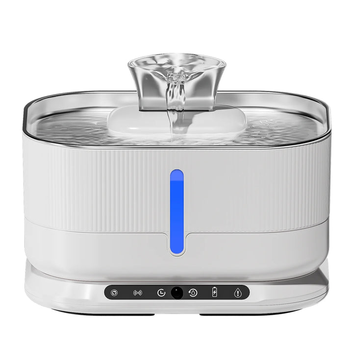 Fontaine à eau automatique blanche, design moderne, avec indicateur LED et système d'écoulement.