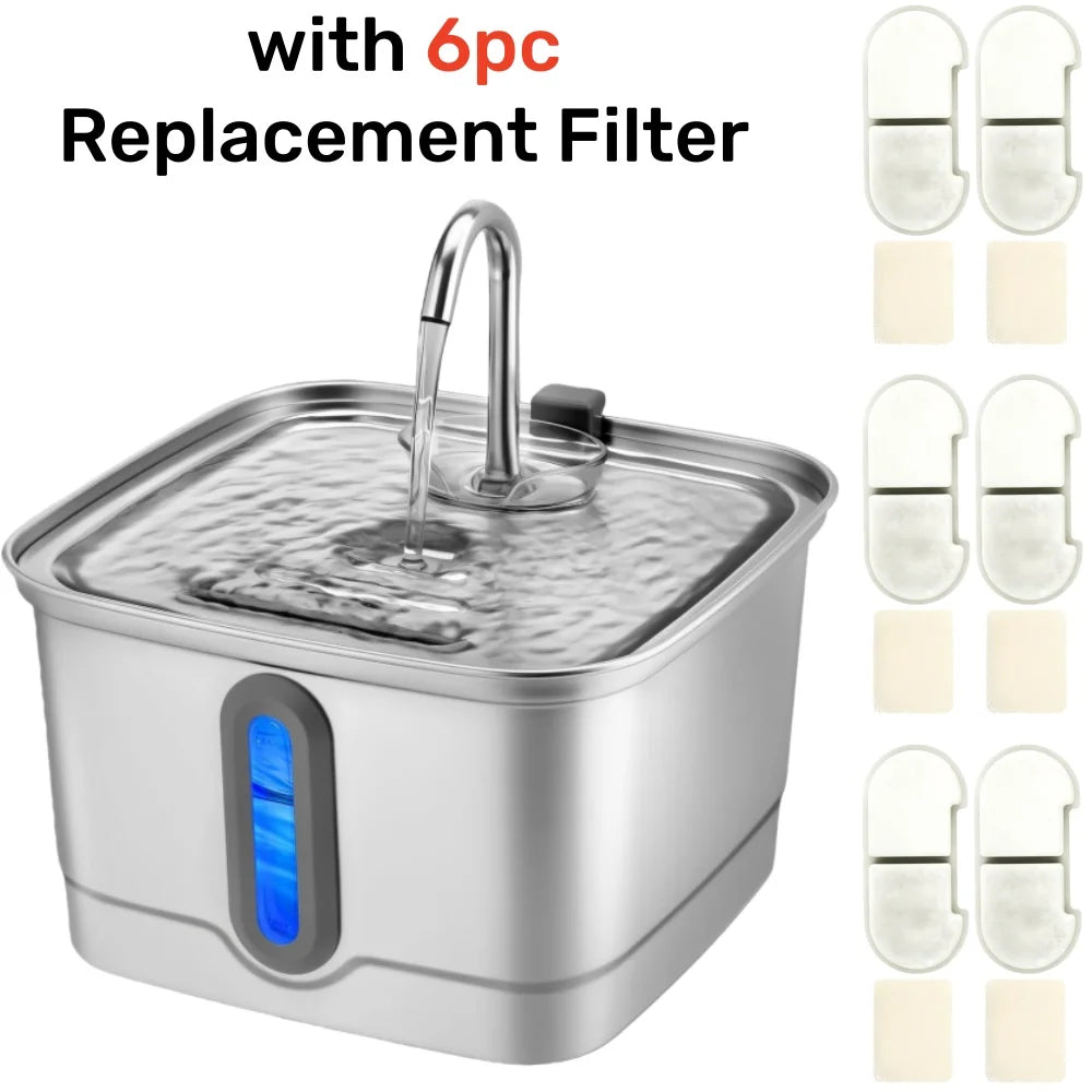 Fontaine à eau en acier inoxydable avec 6 filtres de remplacement, design moderne et fonctionnel.