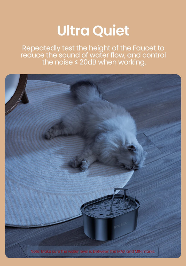 Fontaine à eau noire ROJECO, silencieuse, avec contrôle du bruit ≤ 20 dB, idéale pour vos animaux.