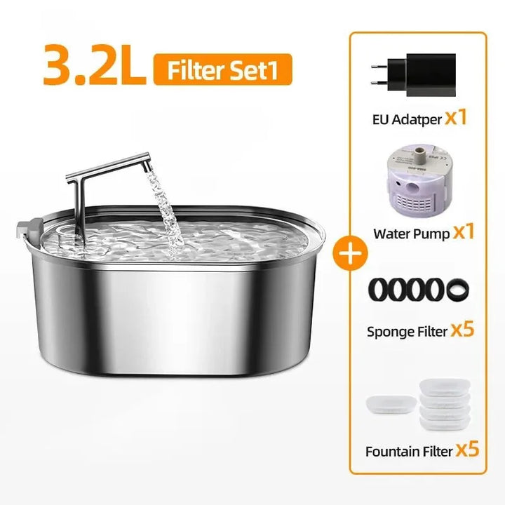 Fontaine en inox 3,2L avec pompe, filtres éponge et fontaine, ensemble complet pour un usage domestique.
