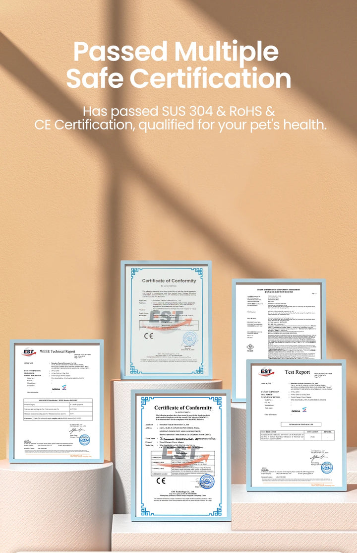 Certificats de conformité SUS 304 et CE, garantissant la sécurité pour la santé de votre animal.