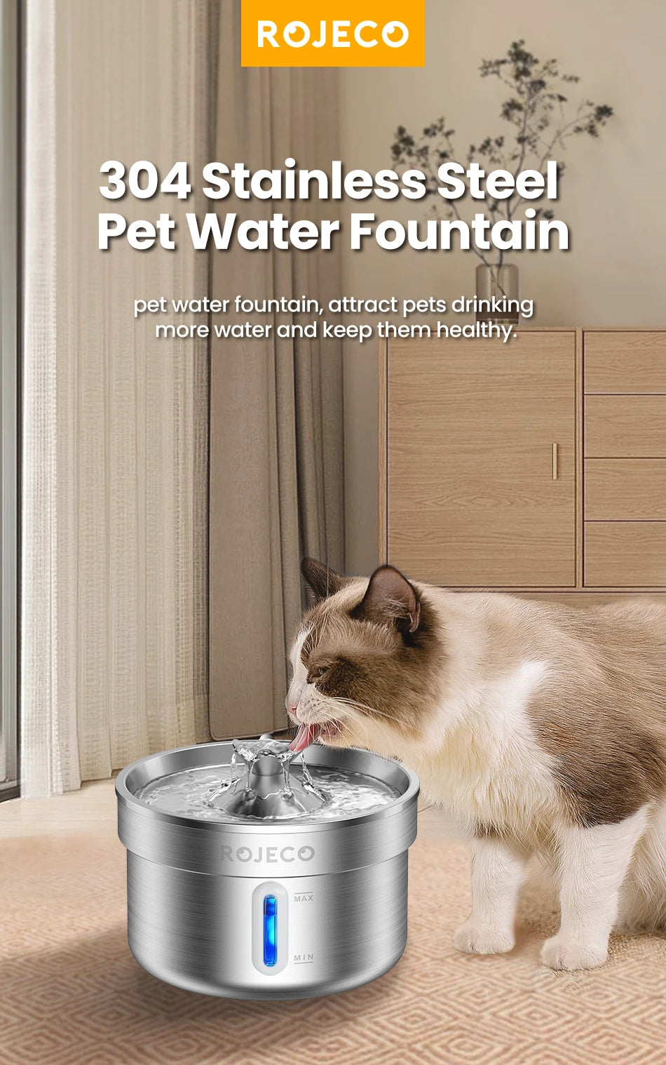 Fontaine à eau pour animaux Rojeco en acier inoxydable 304, encourage les animaux à boire davantage.