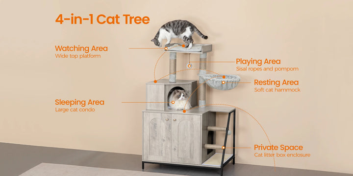 Meuble arbre à chat avec cache litière intégré et hamac