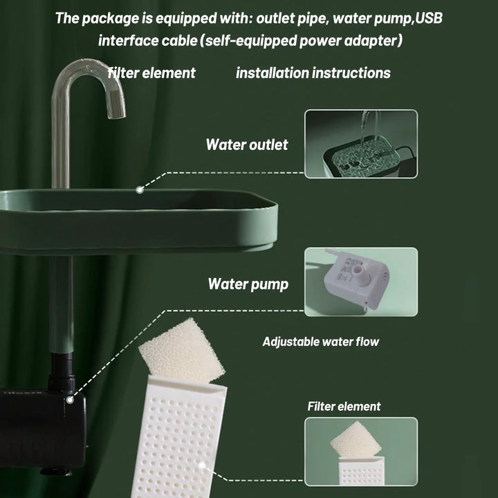 Système de filtration d'eau avec pompe, tuyau de sortie et élément filtrant, couleur verte.