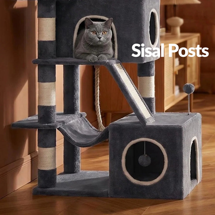 Arbre à chat XXL 213 cm gris pour Maine Coon avec niches et hamac