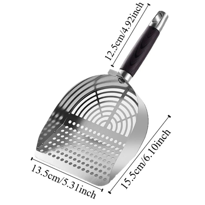 Pelle à litière pour chat en acier inoxydable avec manche bois ergonomique "Main Propre"