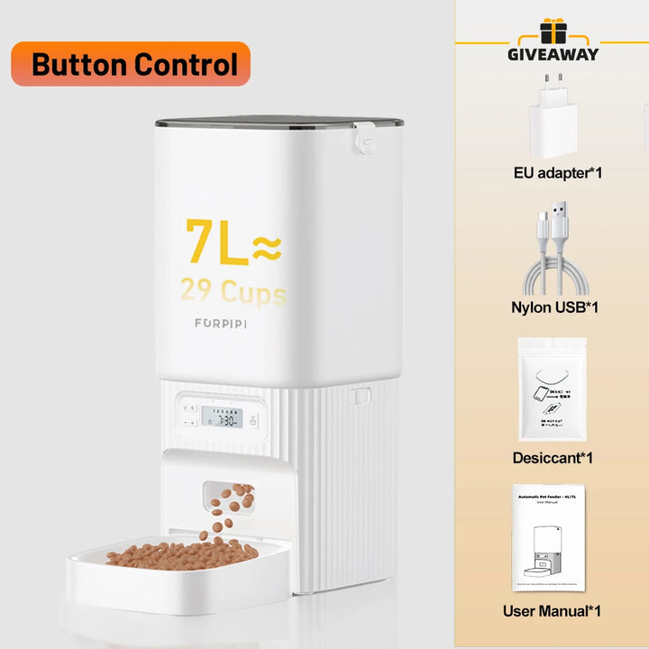 Distributeur automatique de nourriture pour animaux, 7L, blanc, contrôle par bouton, inclut adaptateur EU.