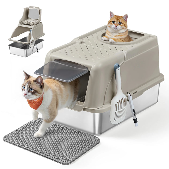 Bac à litière chat en acier inoxydable avec double entrée – Modèle "CleanSteel Premium"