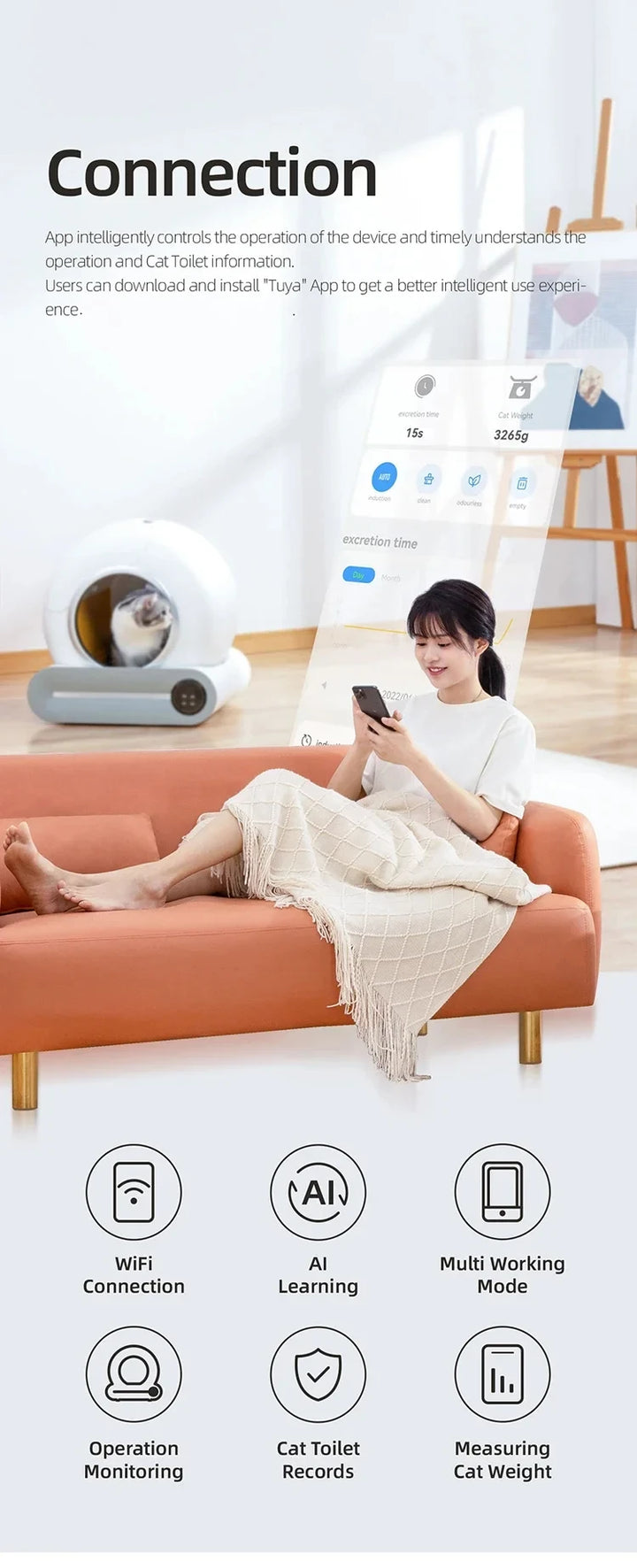 Bac à litière automatique connecté – Modèle "SmartDome 65L Pro"