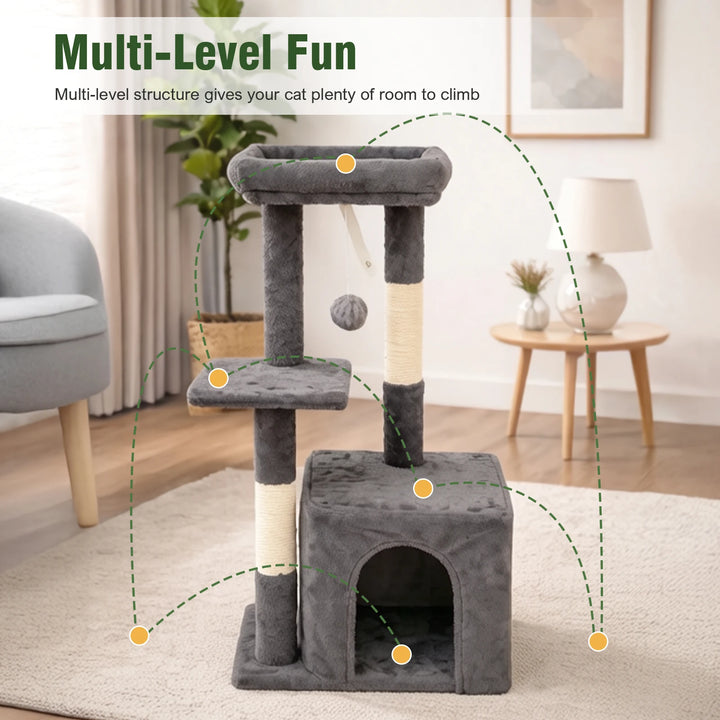 Arbre à chat compact 80 cm gris avec double niche et griffoirs
