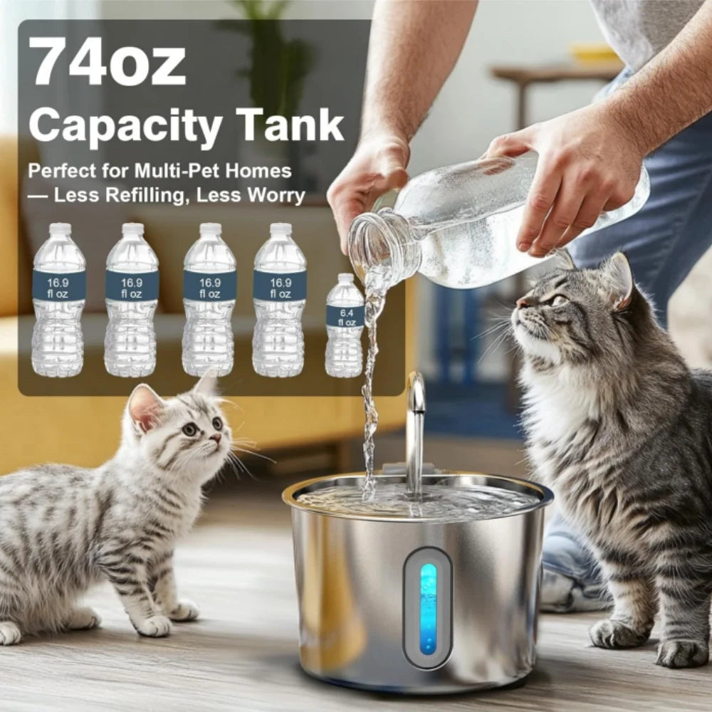 Distributeur d'eau pour animaux, 2,2 L, acier inoxydable, pratique pour foyers avec plusieurs animaux.