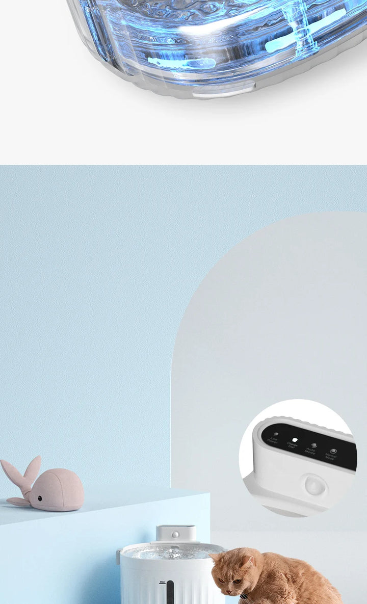 Fontaine pour animaux blanche, lumineuse, design moderne, idéale pour l'hydratation des chats.