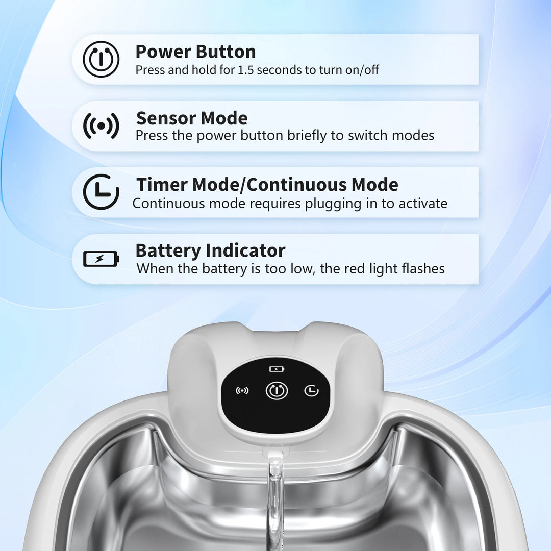 Boutons de commande d'un appareil, incluant mode capteur, minuterie et indicateur de batterie, finition argentée.