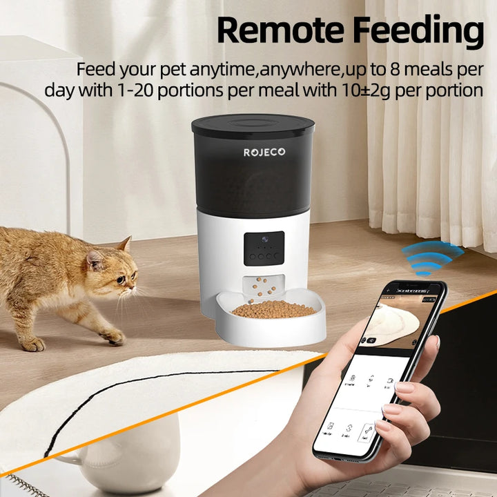 Distributeur automatique ROJECO pour animaux, noir et blanc, alimentation à distance jusqu'à 8 repas par jour.