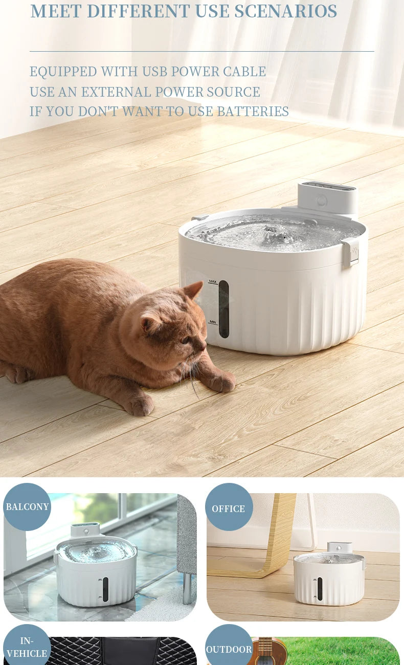 Fontaine à eau pour animaux, blanche, avec câble USB, idéal pour balcon, bureau et extérieur.