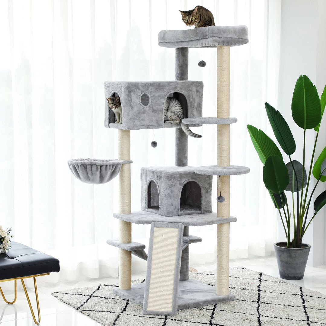 Arbre à chat de luxe en peluche gris ou beige - Modèle : "Minouland"