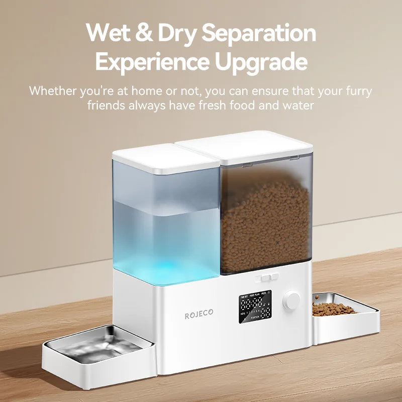 Distributeur d'aliments et d'eau ROJECO, blanc, avec séparation humide et sèche, parfait pour animaux de compagnie.