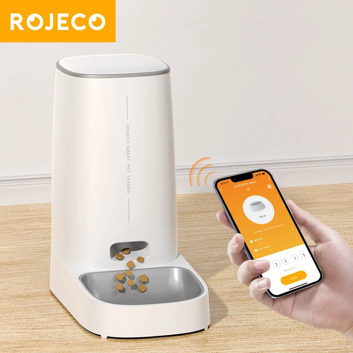 Distributeur automatique de nourriture pour animaux ROJECO, technologie intelligente, blanc, contrôle via smartphone.