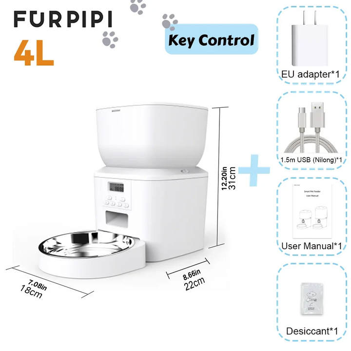 Mangeoire automatique pour animaux 4L, blanc, avec bol en acier inoxydable, contrôles numériques.
