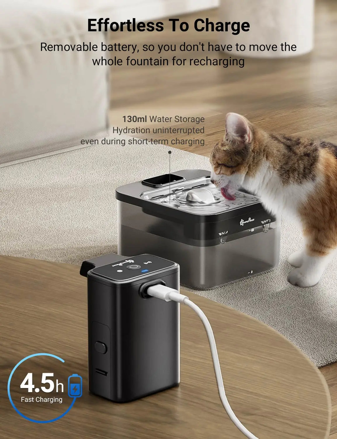 Fontaine à eau pour animaux, batterie amovible, noir, capacité de 130ml, recharge rapide en 4,5h.
